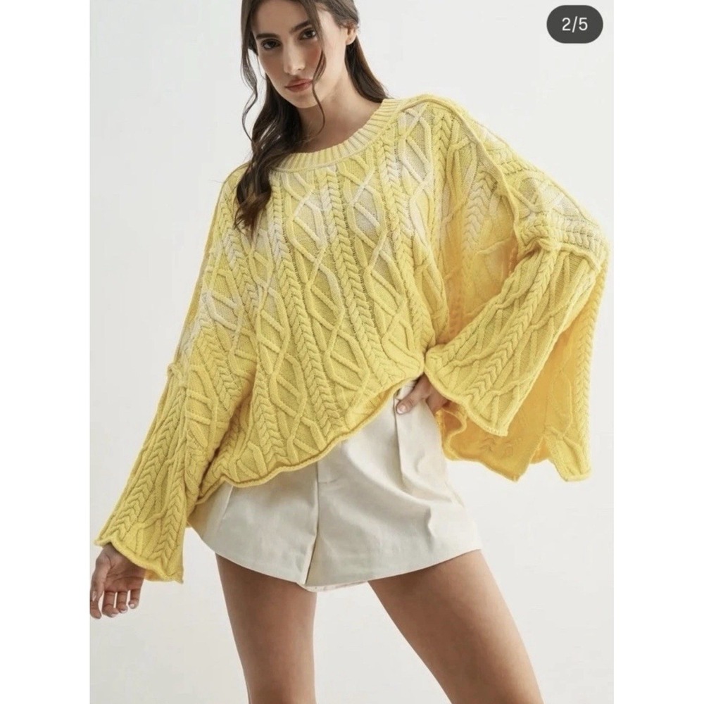 FREE PEOPLE‎ Sz XS Washed Ashore Yellow Cable Knit Sweater Oversized